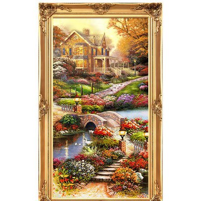 欧式玄关装饰画山水过道招财风水靠山宝盆山竖版美式挂画油画壁画